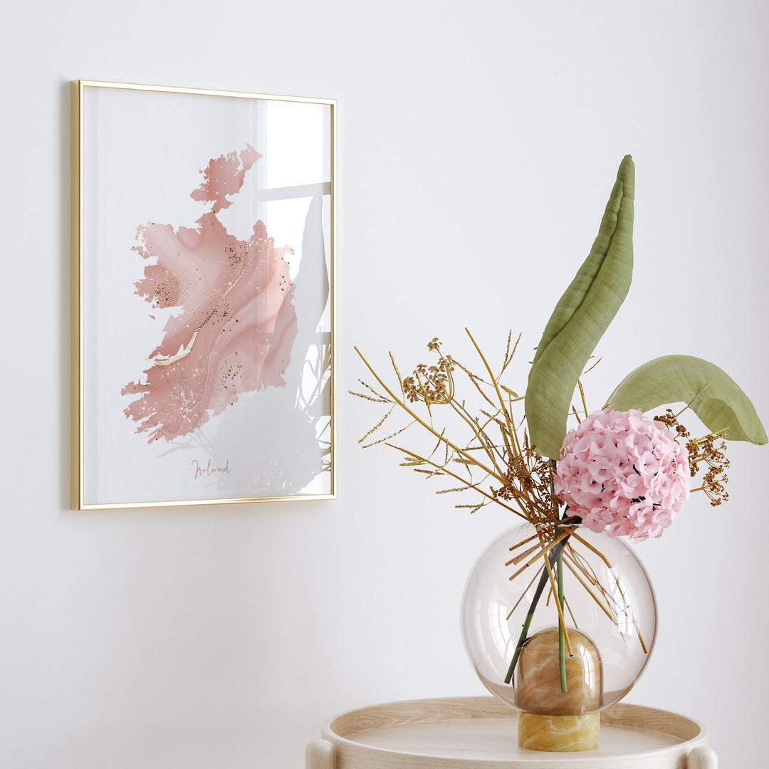 Republic of Ireland Map Pink and Gold Wall Art Print