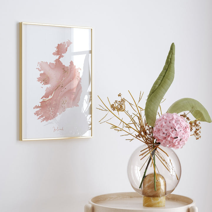 Republic of Ireland Map Pink and Gold Wall Art Print