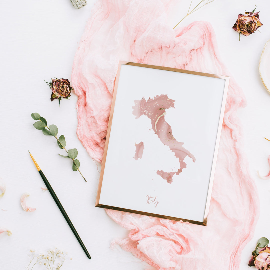 Italy Map Pink and Gold Wall Art Print