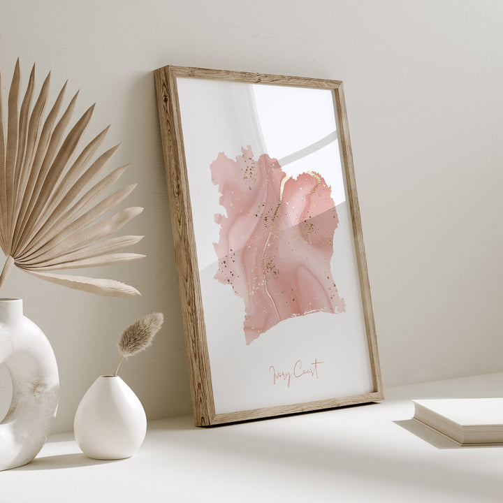 Ivory Coast Map Pink and Gold Wall Art Print