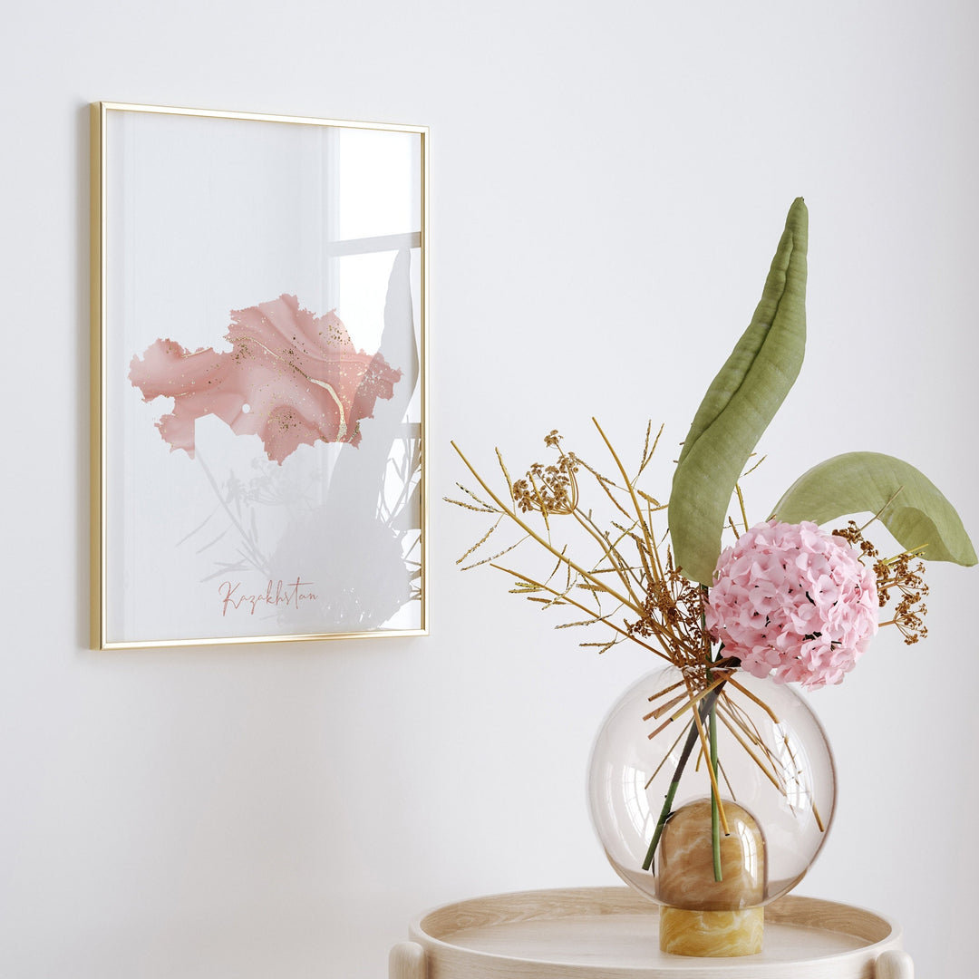 Kazakhstan Map Pink and Gold Wall Art Print