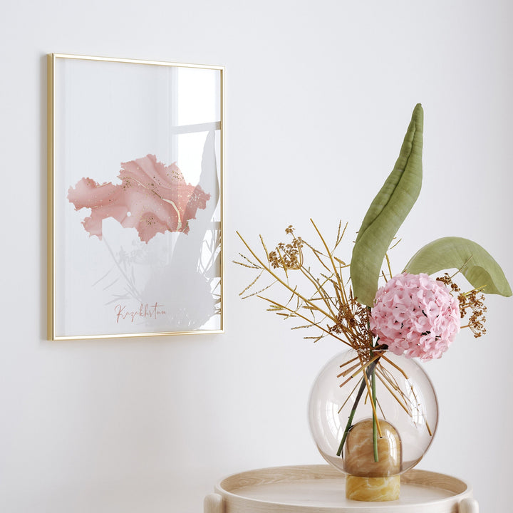Kazakhstan Map Pink and Gold Wall Art Print