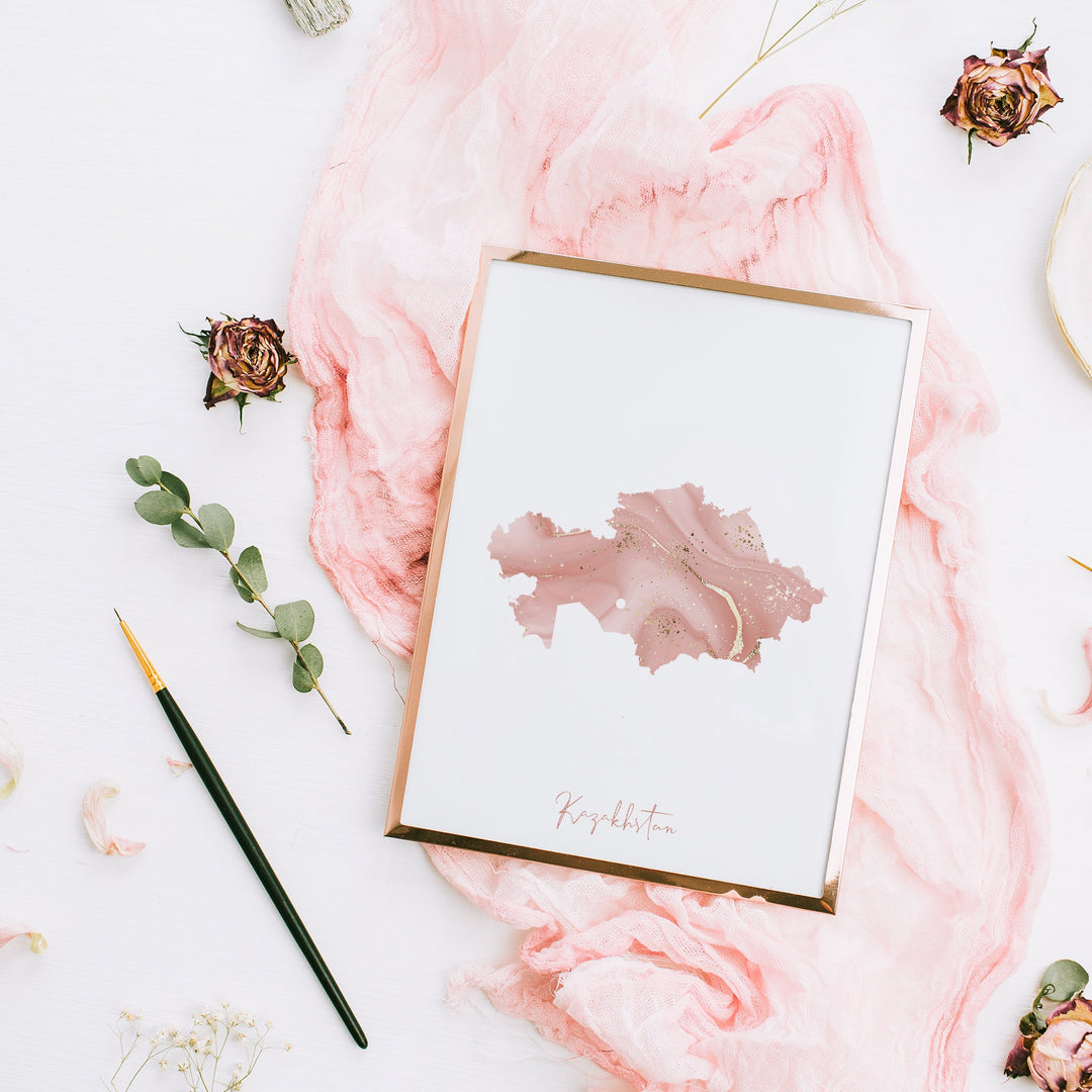 Kazakhstan Map Pink and Gold Wall Art Print