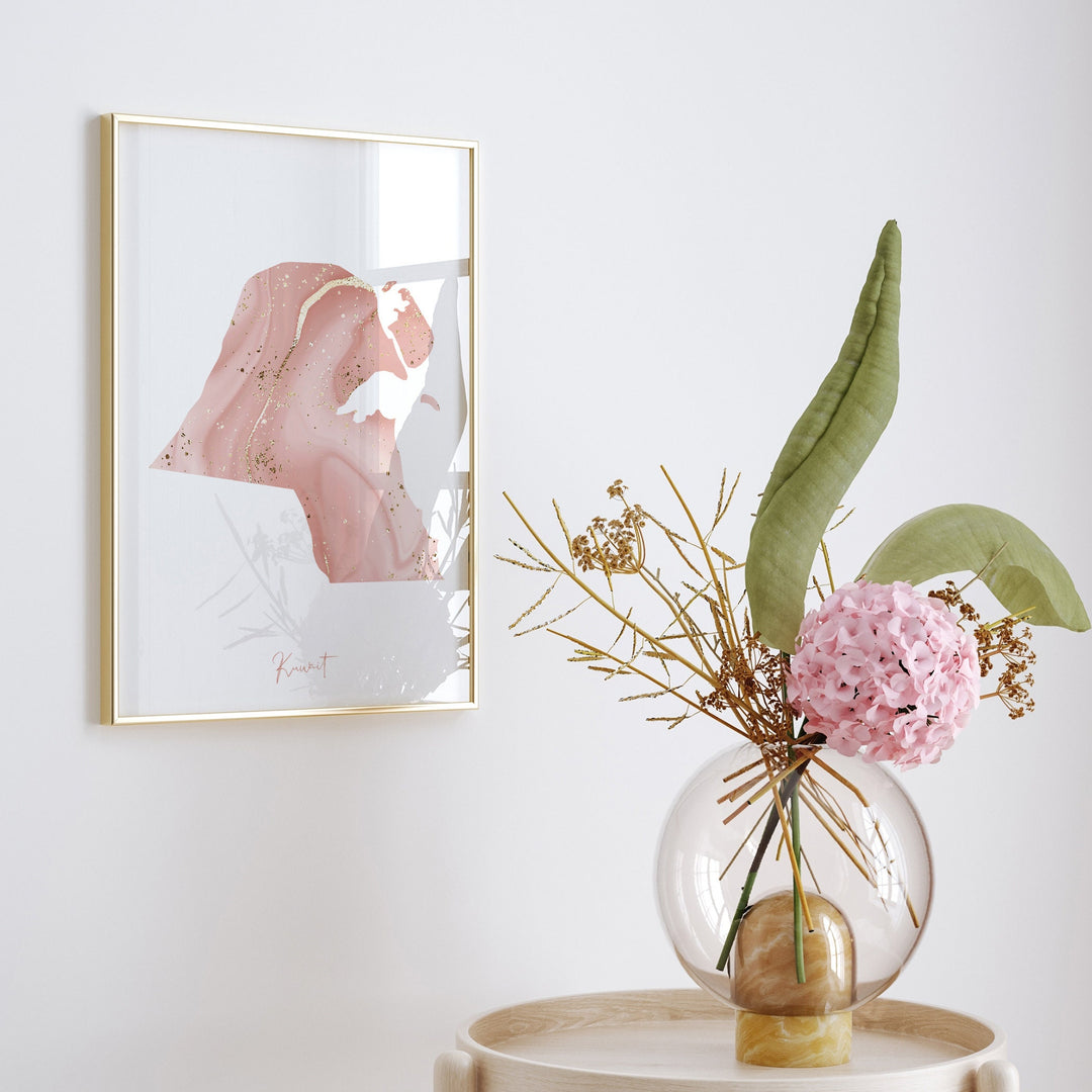 Kuwait Map Pink and Gold Wall Art Print