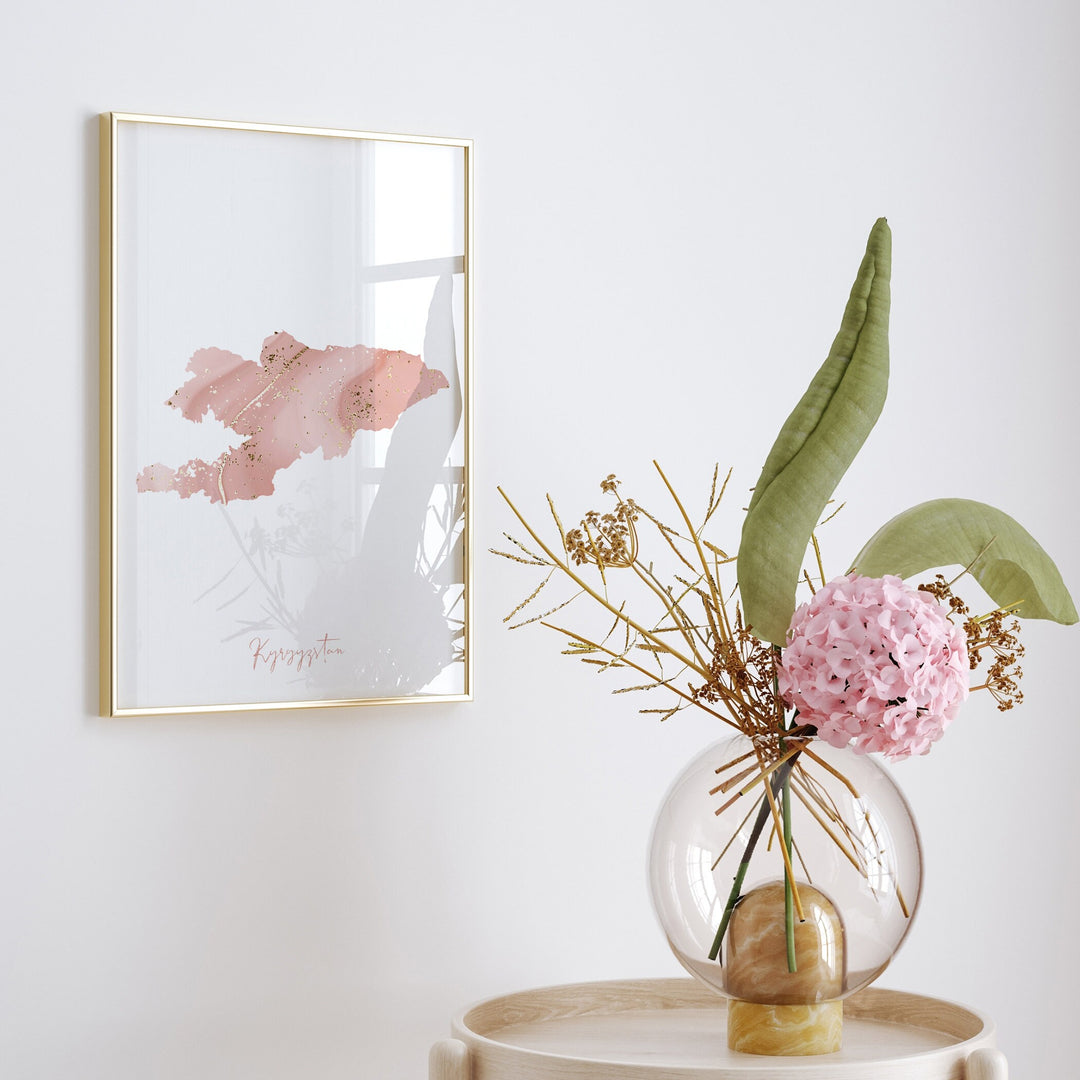 Kyrgyzstan Map Pink and Gold Wall Art Print