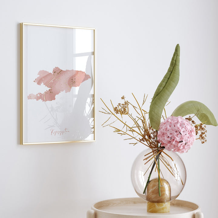 Kyrgyzstan Map Pink and Gold Wall Art Print