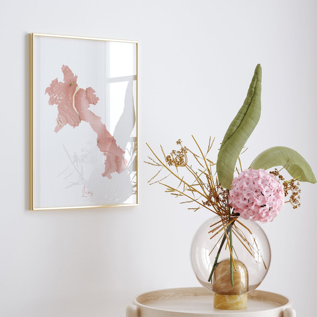 Laos Map Pink and Gold Wall Art Print