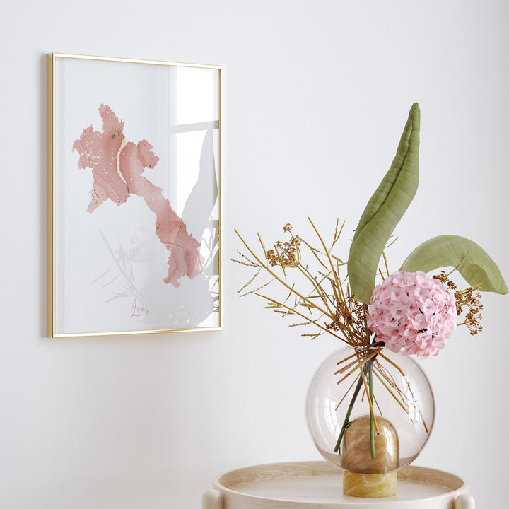 Laos Map Pink and Gold Wall Art Print