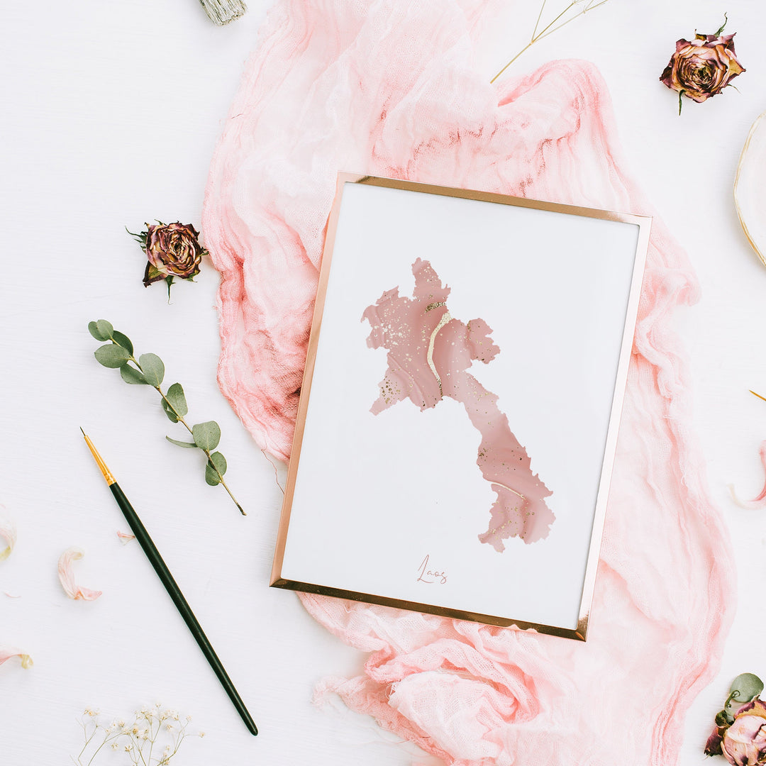 Laos Map Pink and Gold Wall Art Print