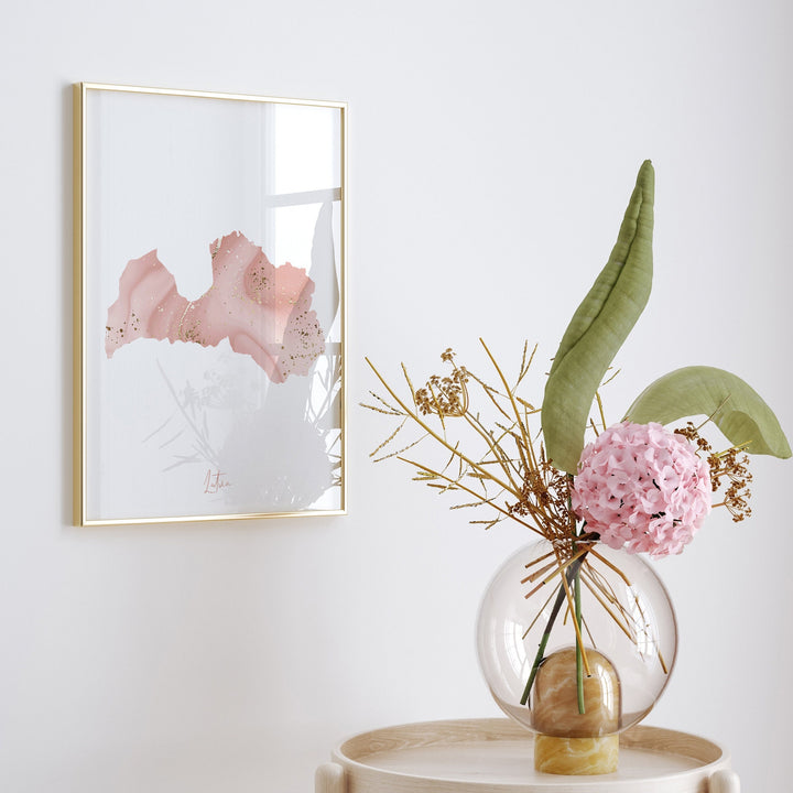 Latvia Map Pink and Gold Wall Art Print