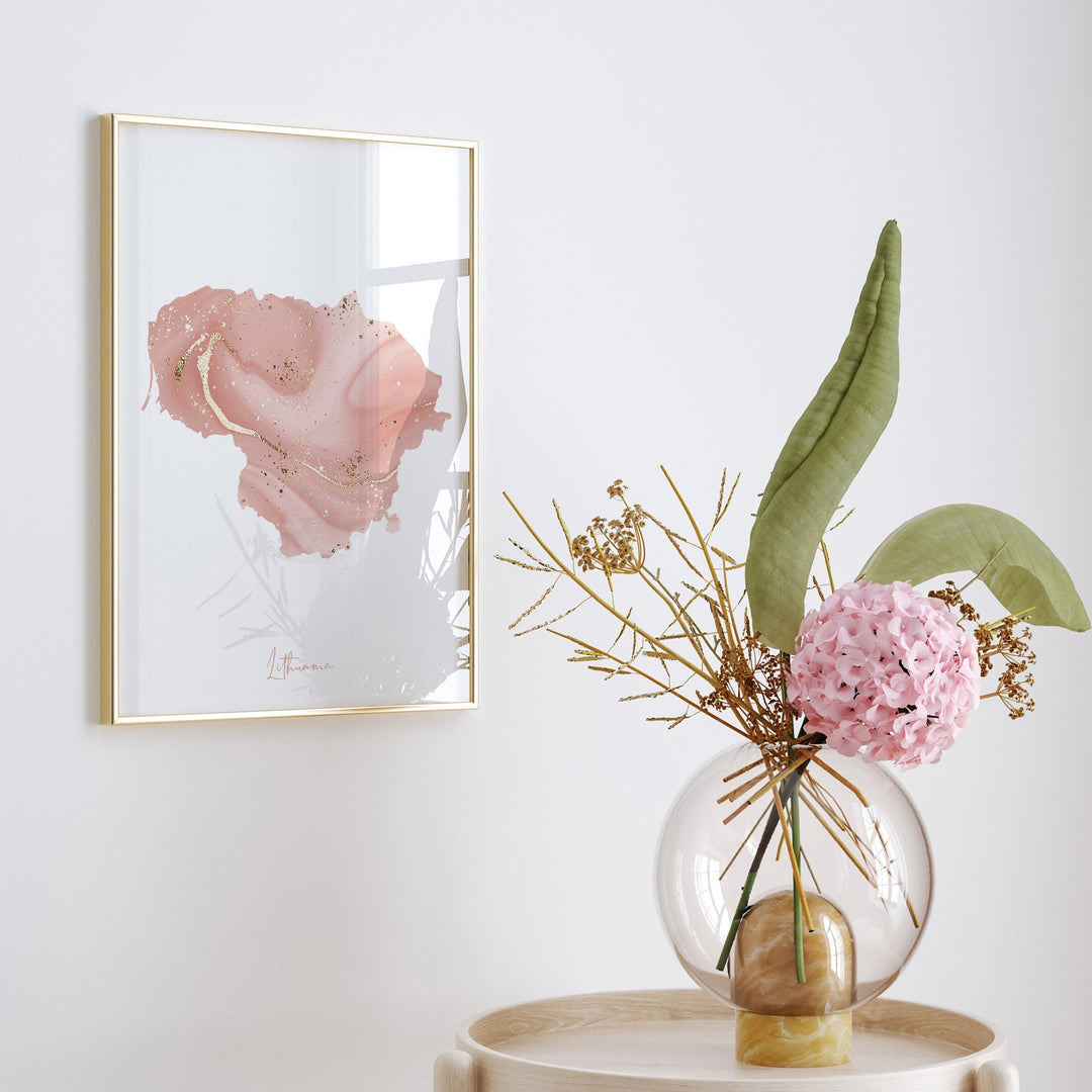 Lithuania Map Pink and Gold Wall Art Print
