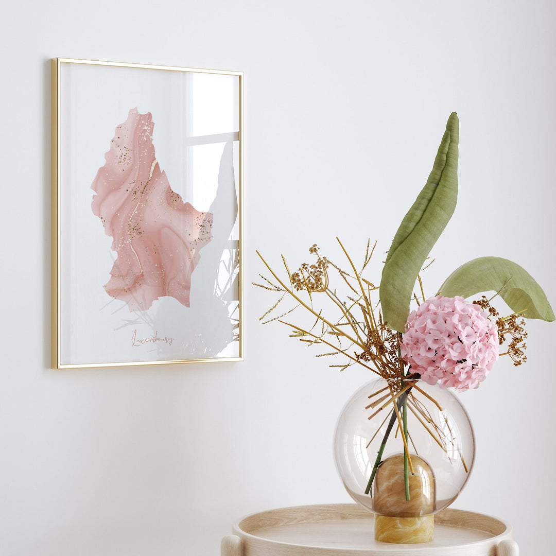 Luxembourg Map Pink and Gold Wall Art Print