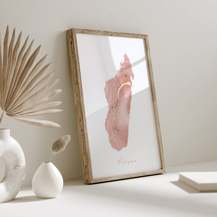 Madagascar Map Pink and Gold Wall Art Print