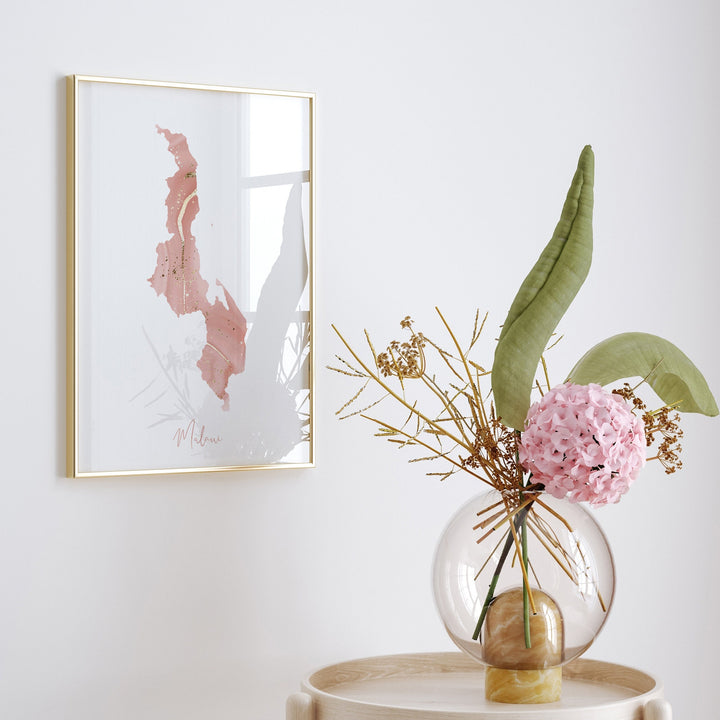 Malawi Map Pink and Gold Wall Art Print