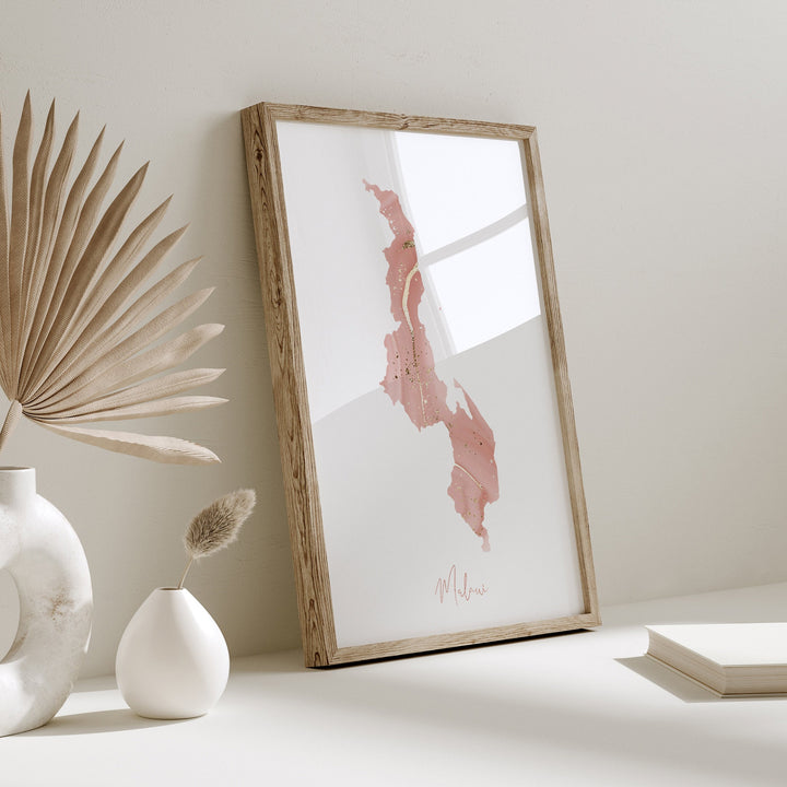 Malawi Map Pink and Gold Wall Art Print