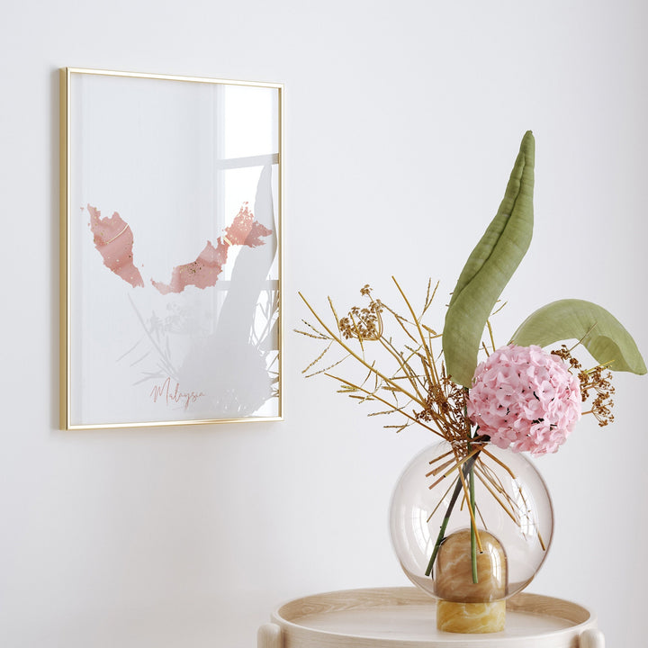 Malaysia Map Pink and Gold Wall Art Print