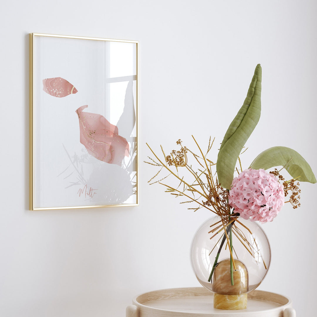 Malta Map Pink and Gold Wall Art Print