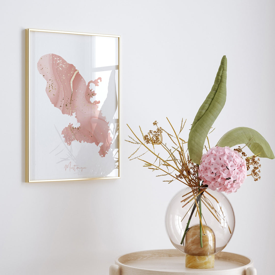 Martinique Map Pink and Gold Wall Art Print
