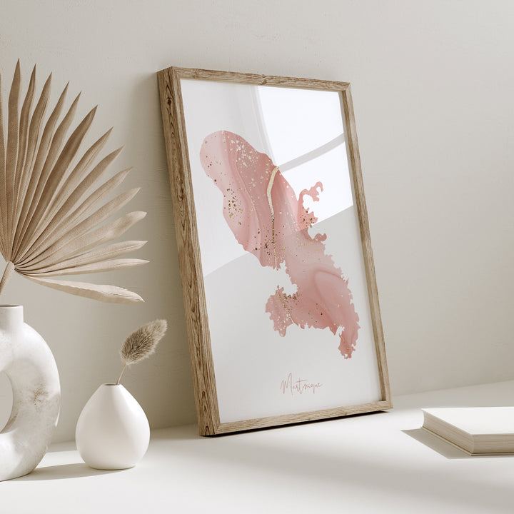 Martinique Map Pink and Gold Wall Art Print