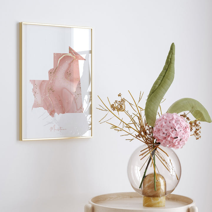 Mauritania Map Pink and Gold Wall Art Print