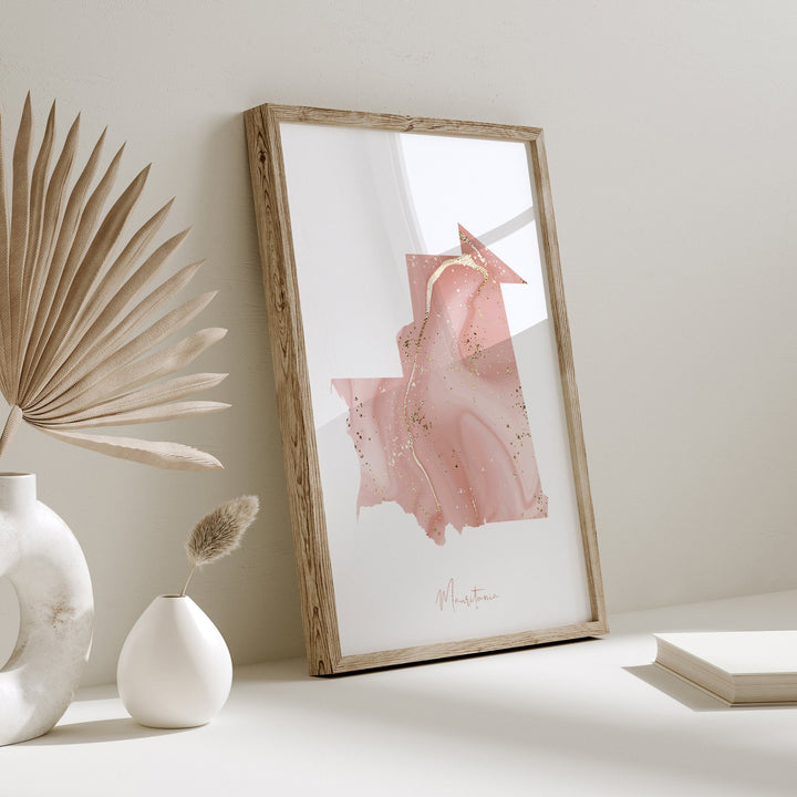 Mauritania Map Pink and Gold Wall Art Print