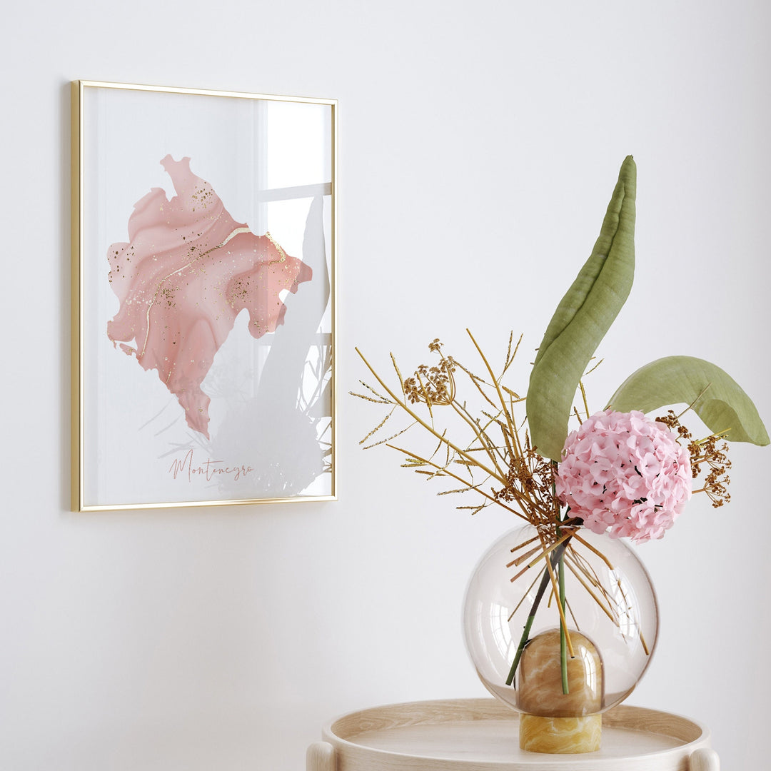 Montenegro Map Pink and Gold Wall Art Print