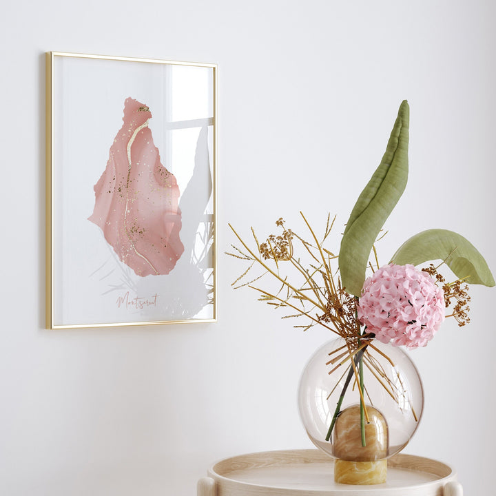 Montserrat Map Pink and Gold Wall Art Print