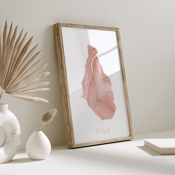 Montserrat Map Pink and Gold Wall Art Print