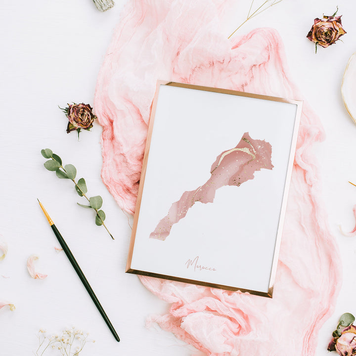 Morocco Map Pink and Gold Wall Art Print