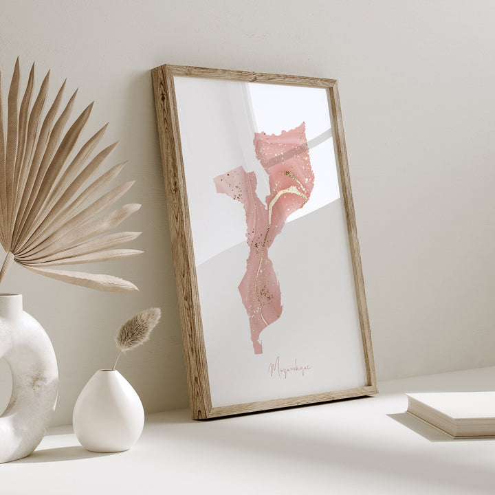 Mozambique Map Pink and Gold Wall Art Print