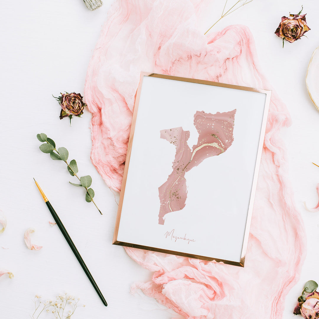 Mozambique Map Pink and Gold Wall Art Print