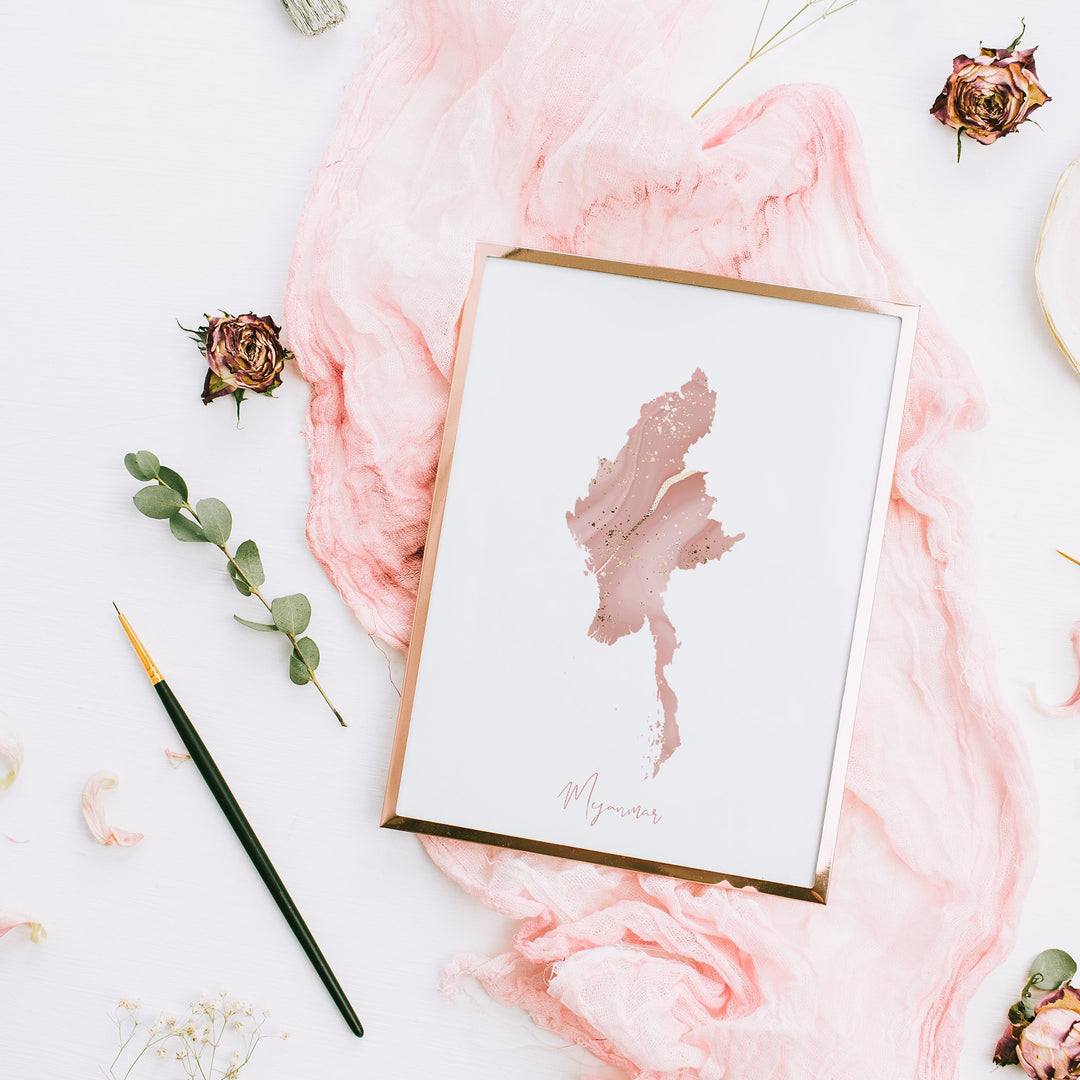 Myanmar Map Pink and Gold Wall Art Print