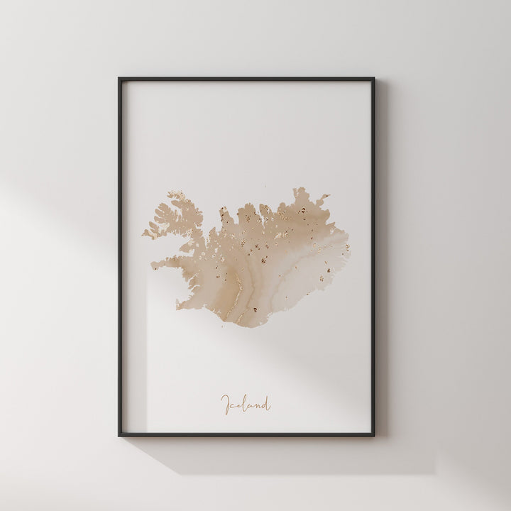 Iceland Map Beige & Gold Wall Art Print
