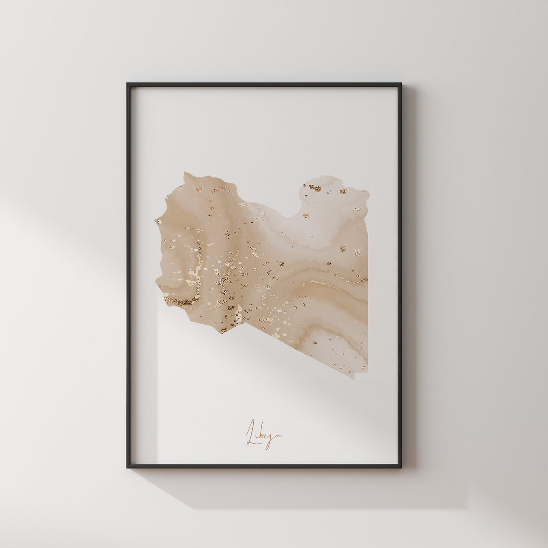 Libya Map Beige & Gold Wall Art Print
