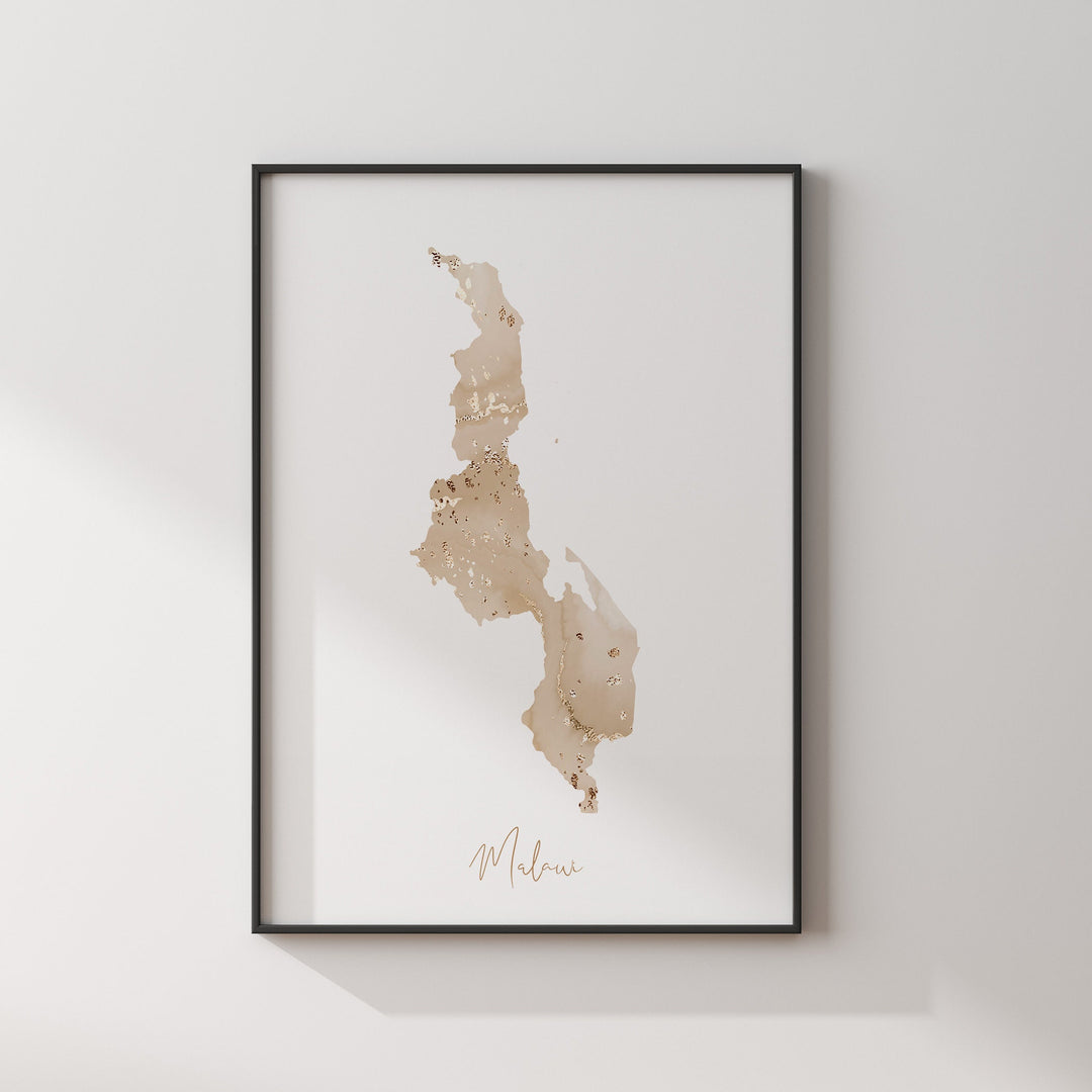 Malawi Map Beige & Gold Wall Art Print