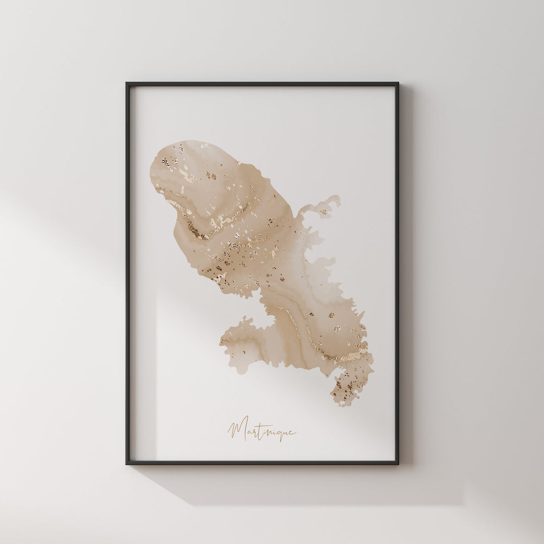 Martinique Map Beige & Gold Wall Art Print