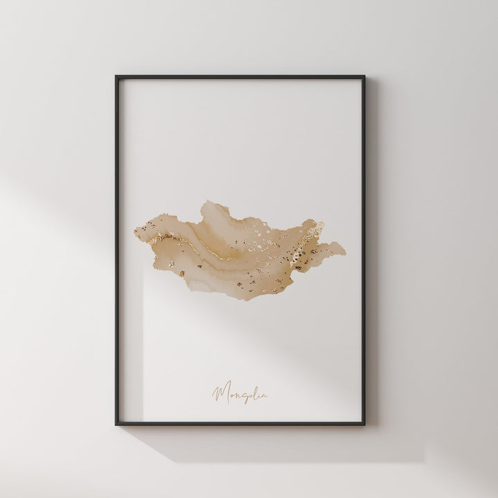 Mongolia Map Beige & Gold Wall Art Print