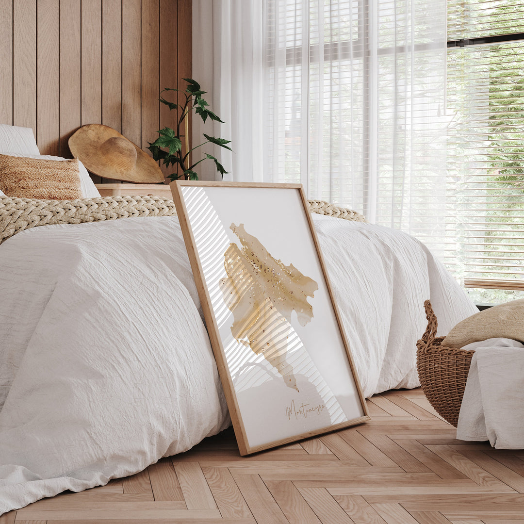 Montenegro Map Beige & Gold Wall Art Print