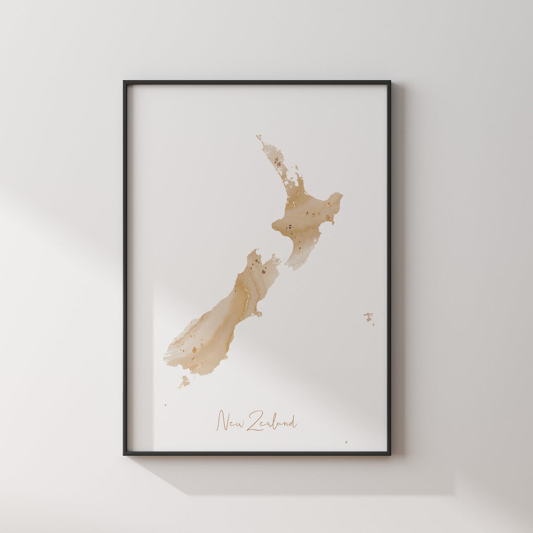 New Zealand Map Beige & Gold Wall Art Print