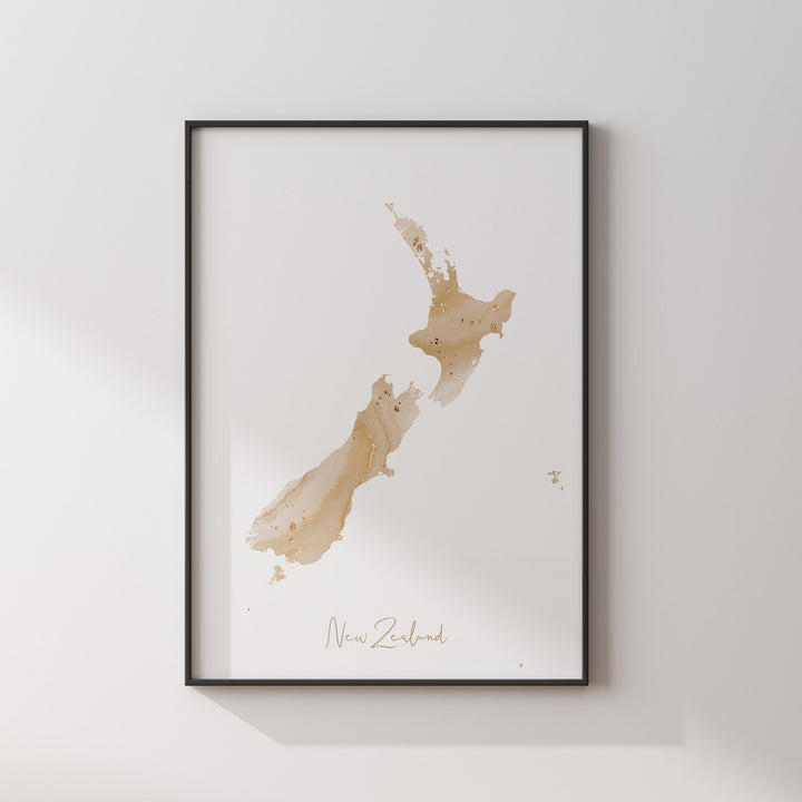 New Zealand Map Beige & Gold Wall Art Print