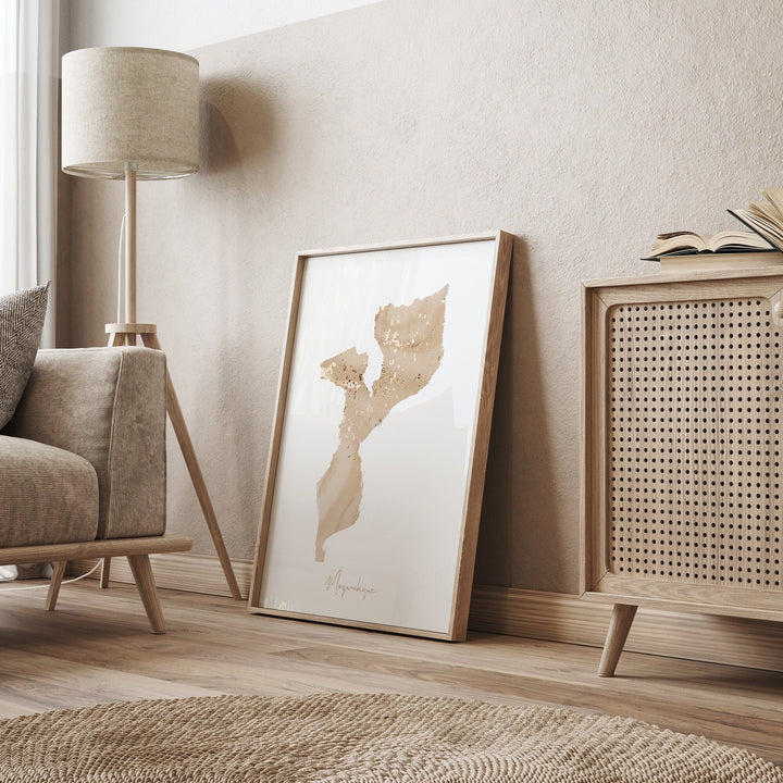 Mozambique Map Beige & Gold Wall Art Print