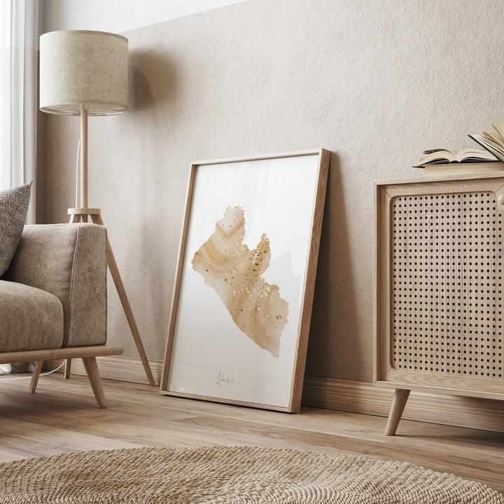 Liberia Map Beige & Gold Wall Art Print