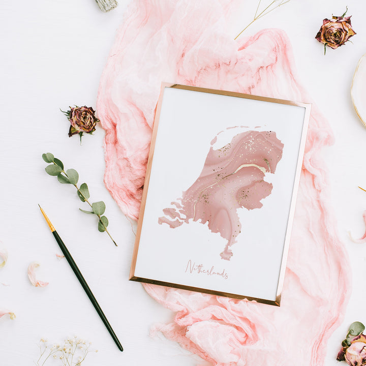 Netherlands Map Pink and Gold Wall Art Print