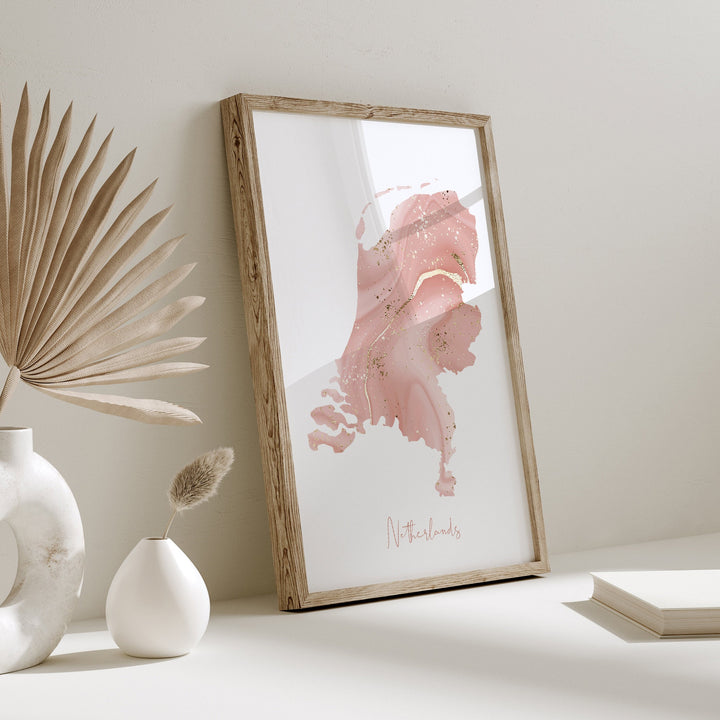 Netherlands Map Pink and Gold Wall Art Print