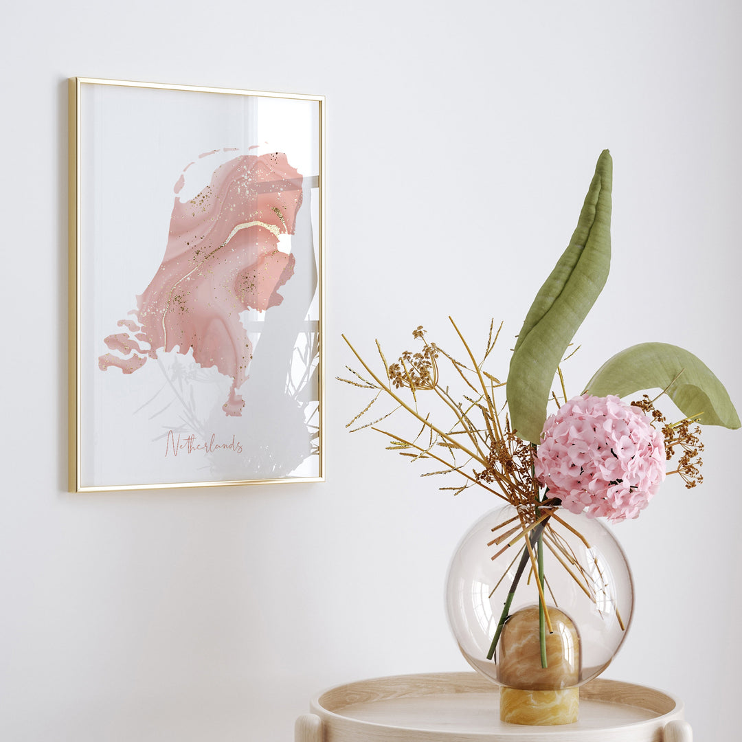 Netherlands Map Pink and Gold Wall Art Print
