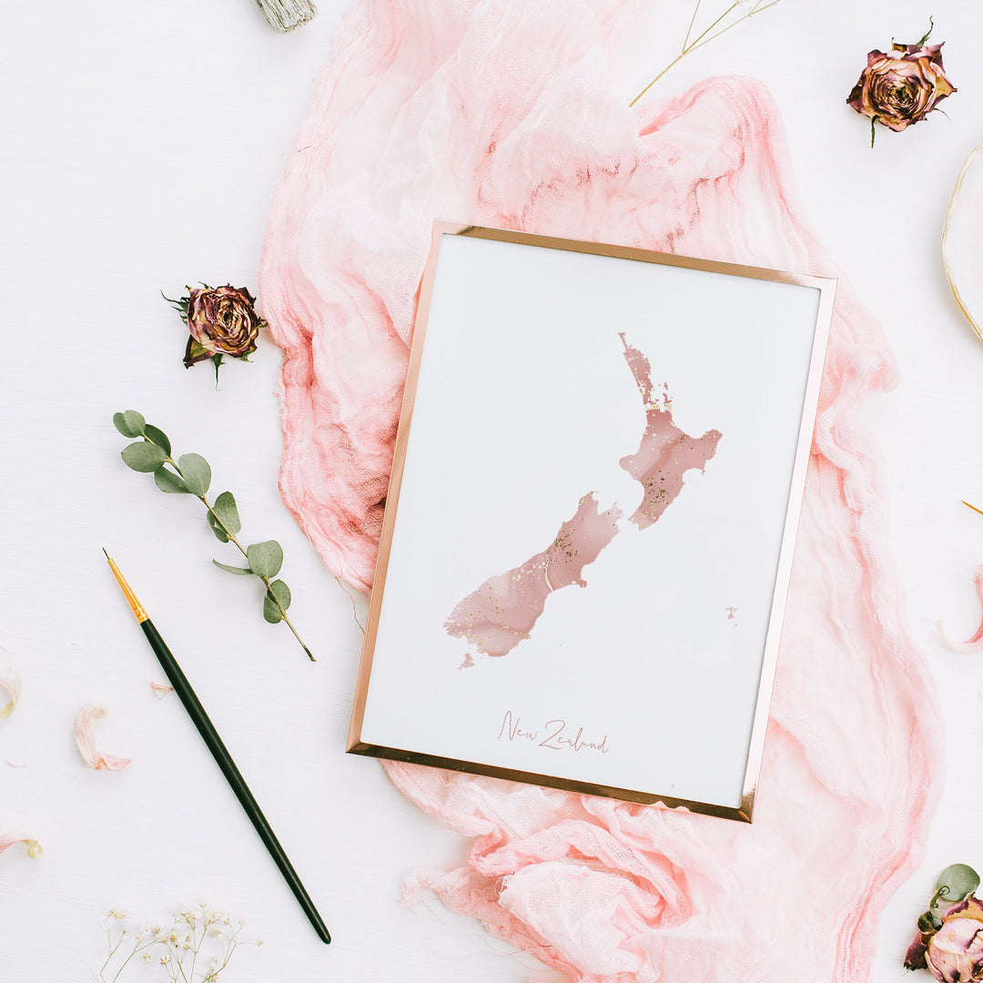 New Zealand Map Pink and Gold Wall Art Print