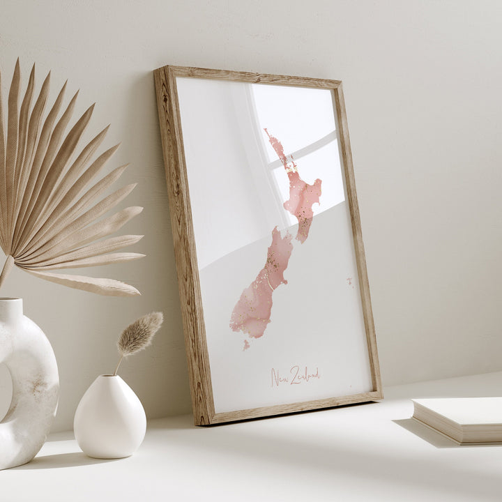 New Zealand Map Pink and Gold Wall Art Print