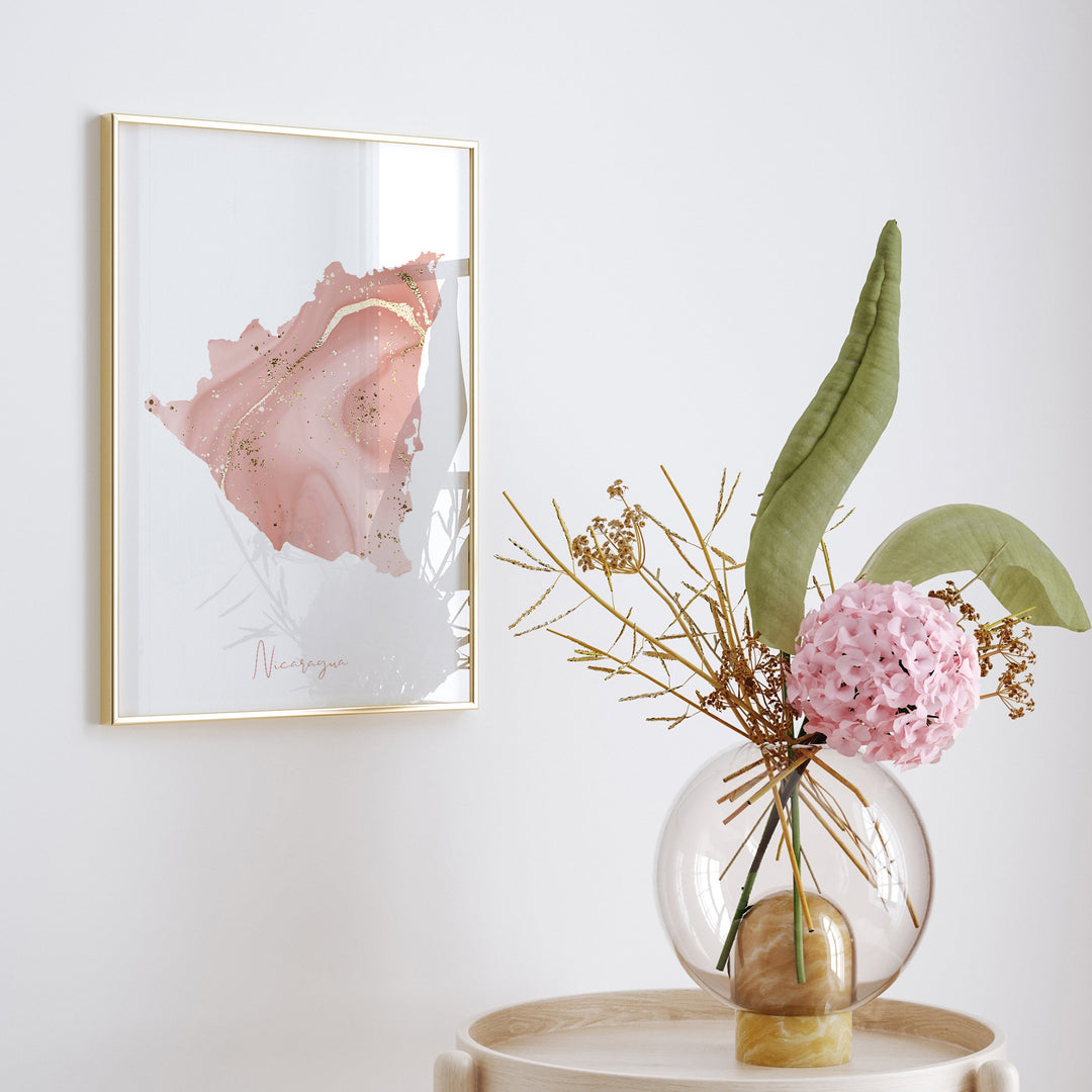 Nicaragua Map Pink and Gold Wall Art Print