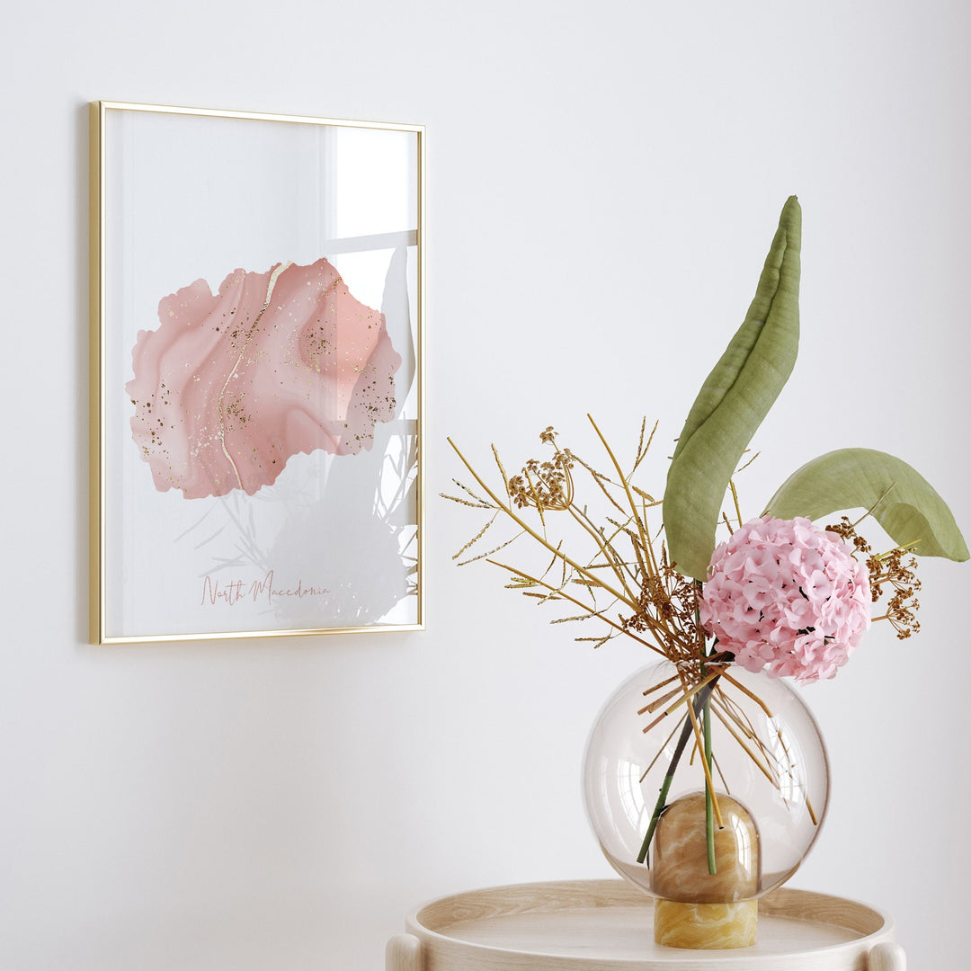 North Macedonia Map Pink and Gold Wall Art Print