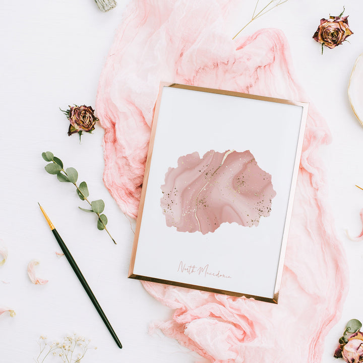 North Macedonia Map Pink and Gold Wall Art Print
